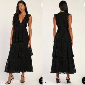 Lulu's Molinetto Black Lace Ruffled Tiered Sleeveless Maxi Dress SZ XS